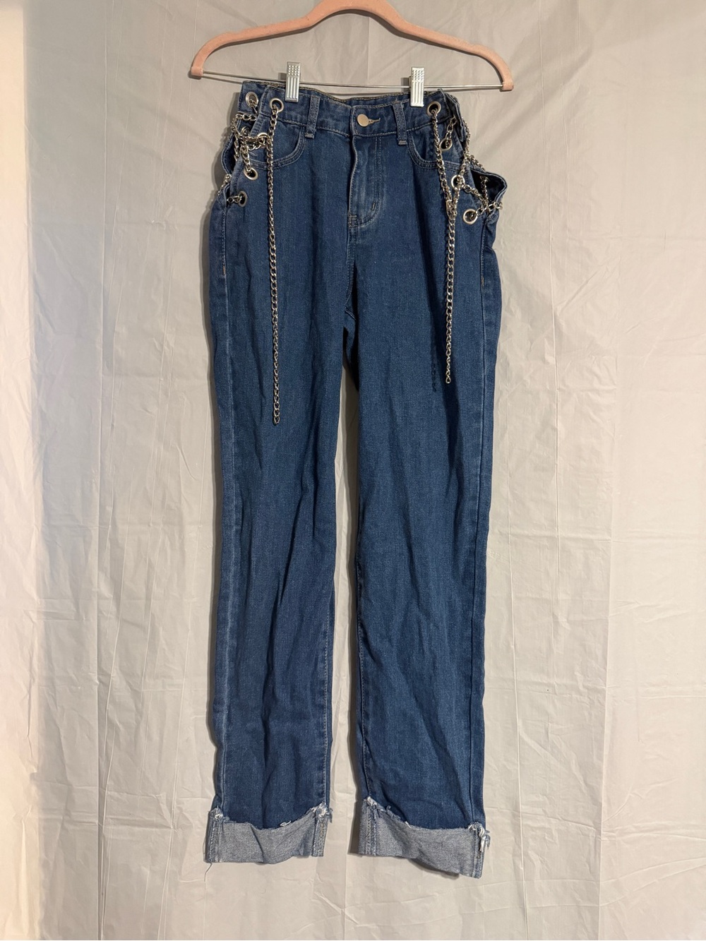 SHEIN Dark Blue Straight Leg Jeans with Chain & Grommet Detail